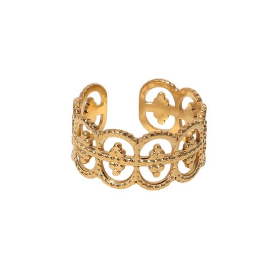 Gouden verstelbare stalen ring met cirkelvormig patroon.