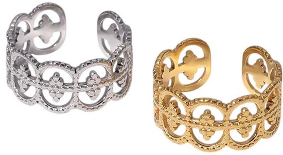 Zilveren en gouden verstelbare stalen ringen met cirkelvormig patroon.