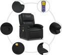 Zwarte fauteuil met massagefunctie, compleet met 5 detailshots van de functies en de afstandsbediening.
