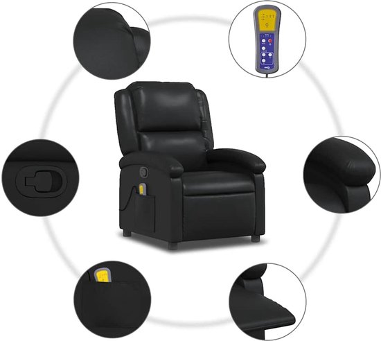 Zwarte fauteuil met massagefunctie, compleet met 5 detailshots van de functies en de afstandsbediening.