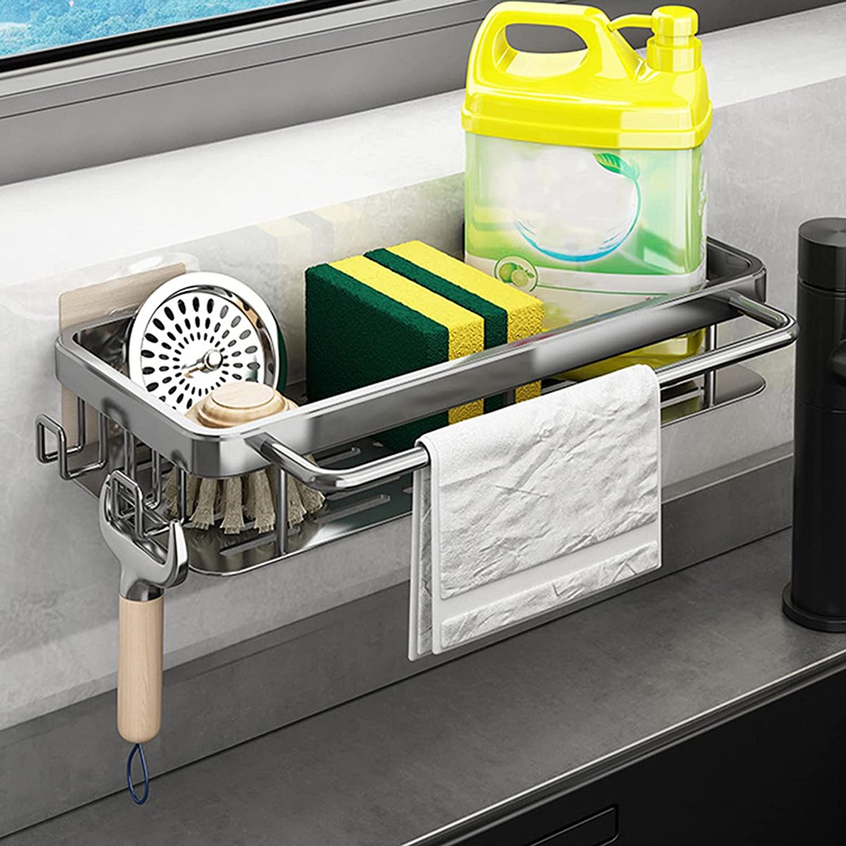 TuseRxln Keuken Organizers - Aanrecht Organiser - Zonder Boren Monteren Sneldrogend - 1 Stuk - Keuken Gereedschap Opbergen - Gunmetal Grijs