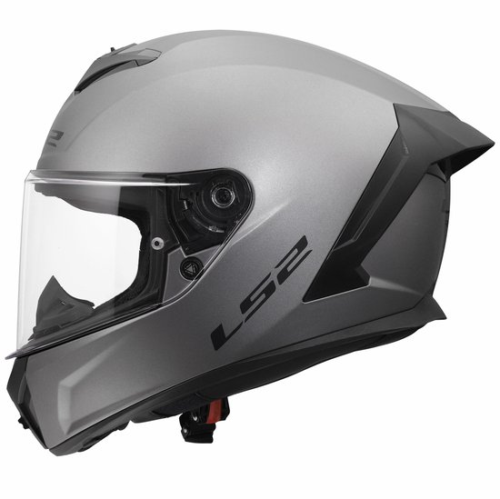 Casque intégral LS2 gris mat avec logo LS2 noir et visière transparente.