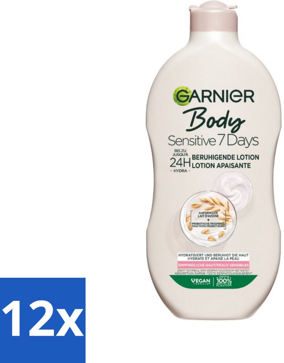 12 x Garnier - Body - Bodylotion - Sensitive 7 Days - Verzachtend - Havermelk & Probiotica - 400 ml - Lichaamslotion - Gevoelige Huid - Hydratatie - Havermelk - Probiotica