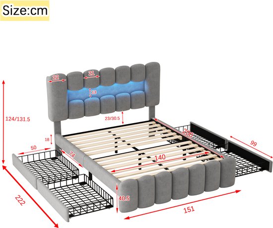 QMTXBYJ Gewatteerd tweepersoonsbed, 140 x 200 cm, kistbed met laden en lattenbodem, hoofdeinde met opbergvak en oplaadfunctie, led en USB, bedframe van massief hout en fluweel