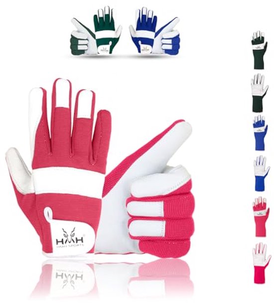 Roze, blauwe en groene werkhandschoenen met witte vingers en palm. De roze handschoen is het grootst.