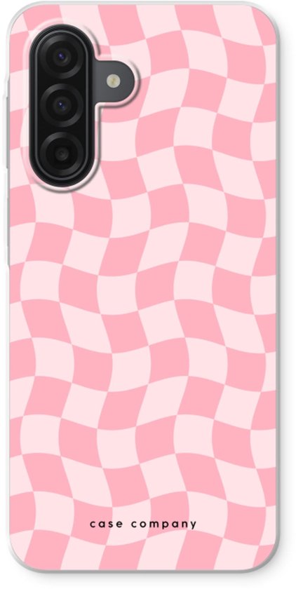 Telefoonhoesje met een roze gebogen geruite print.