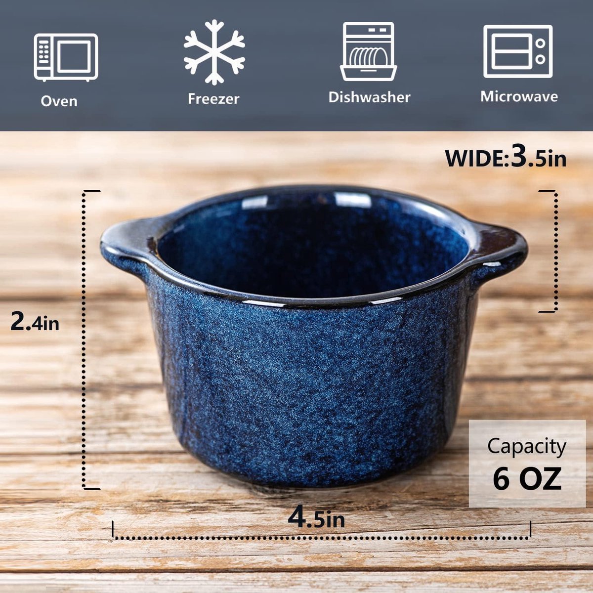 Allecto plus - Keramische kommen voor creme brulee - Mini custard cups 6 oz - Ovenkluiskommen soufflé gerechten voor het bakken - Individuele braadpan dipsaus - Blauw - Bakvormen set van 6 — cadeau in Kookcadeaus - foto 6