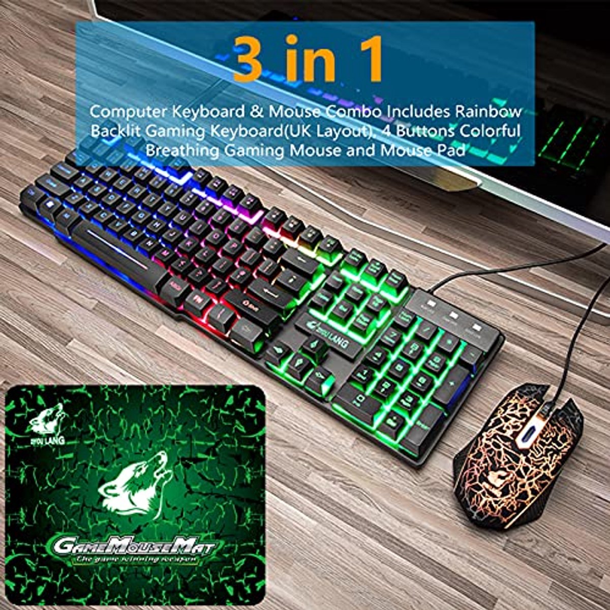 Bedraad gaming-toetsenbord en muissets, RGB-led-achtergrondverlichting, metalen plaat, 104 toetsen, handsteun, USB-gamer, oplichtend toetsenbord, 2400 DPI, optische 6 knoppen, pc-game-muis muismat Bedraad gaming-toetsenbord en muissets, RGB-led-achtergrondverlichting, metalen plaat, 104 toetsen, handsteun, USB-gamer, oplichtend toetsenbord, 2400 DPI, optische 6 knoppen, pc-game-muis muismat