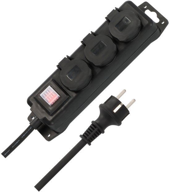 Stekkerdoos met schakelaar IP44 3-voudig zwart 2m H07RN-F 3G1,5