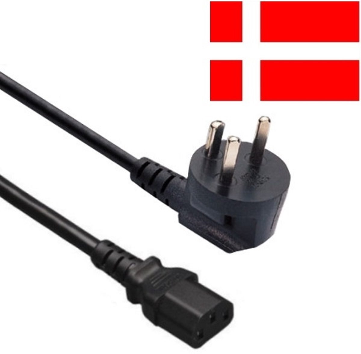 Apparaatsnoer met rechte C13 plug en haakse type K stekker (Denemarken) - 3x 0,75mm / zwart - 1,8 meter
