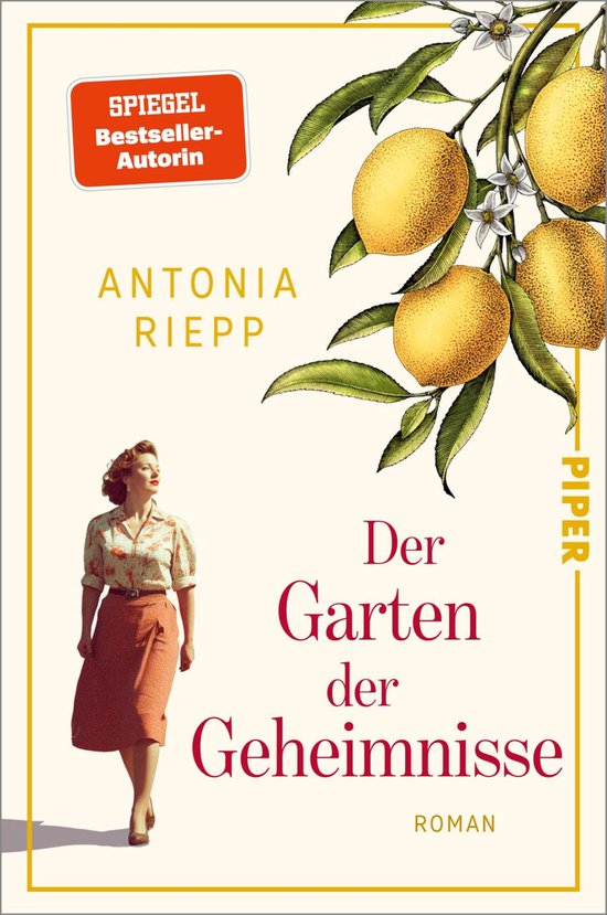 Boek 'Der Garten der Geheimnisse' met een illustratie van citroenen en een vrouw in retrokleding.