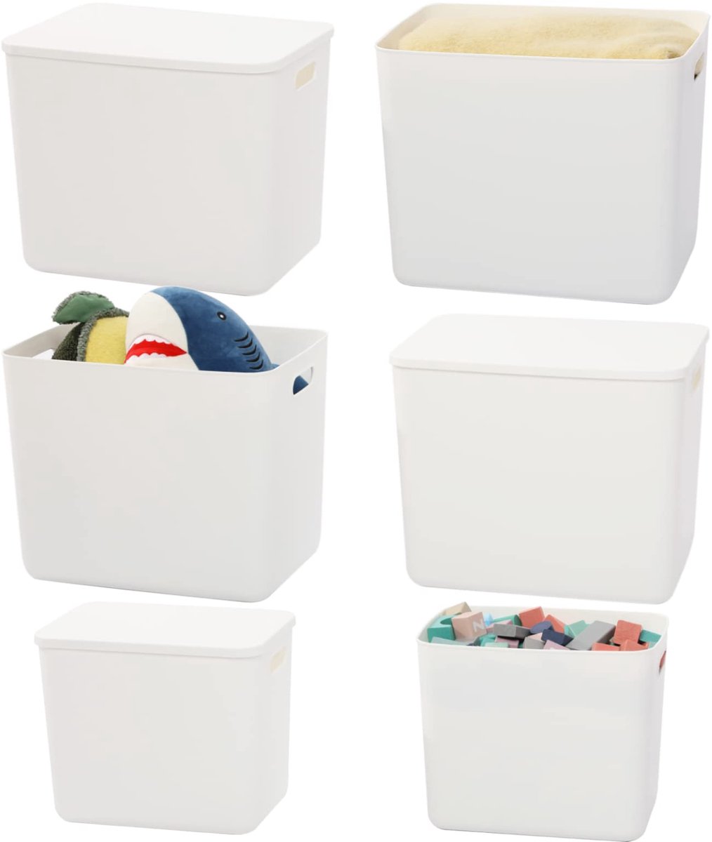 Ibenzoa® Set van 6 witte kunststof opbergbakken met deksel en handgrepen