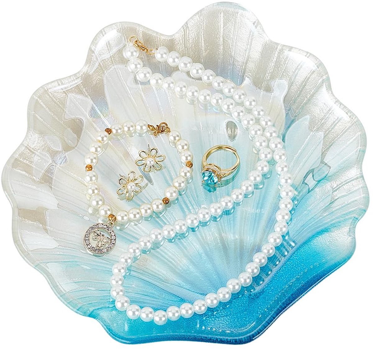 Schelp Trinket Schotel Licht Hemelsblauw Sieraden Schotel Snuisterij Lade Glas Sieraden Platen Shell Vorm Opberglade voor Ringen Oorbellen Armbanden Ketting Kleine Sleutels Tafel