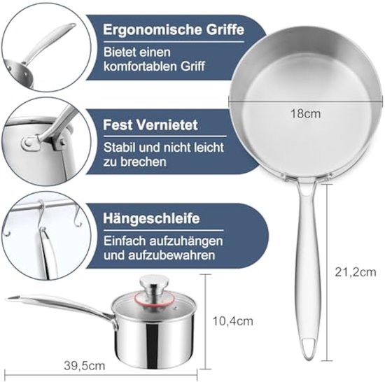 Onader Kookpan, 22 cm, 3-laagse bodem, roestvrij stalen pan, inductie met glazen deksel, 4,7 l pastoepan, soeppan voor alle warmtebronnen, gezond en vaatwasmachinebestendig