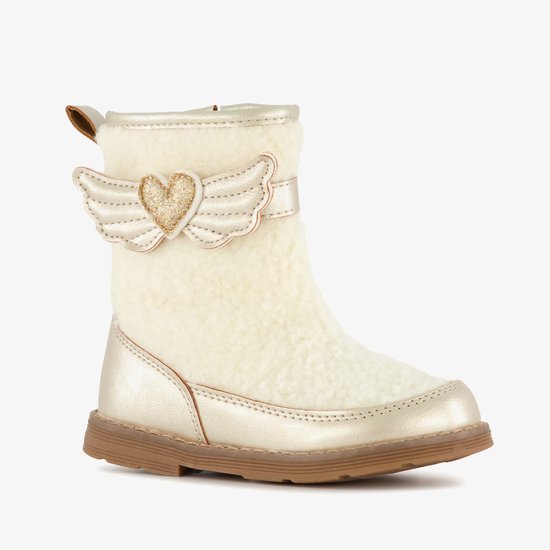 Gouden meisjeslaars met creme teddy stof, gouden vleugels en hartje.