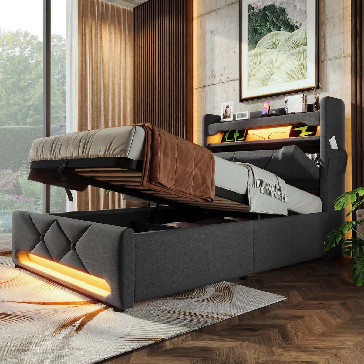 SINGULARITY-Gestoffeerd eenpersoonsbed 90 x 200- opberghoofdeinde met USB- en Type C-aansluiting- LED-bedden met hydraulische opbergruimte- grijs- zonder matras