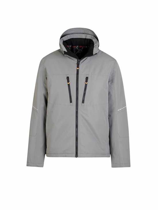 Veste d'hiver grise à capuche, fermetures éclair noires et détails orange. Poignets à rayures réfléchissantes.