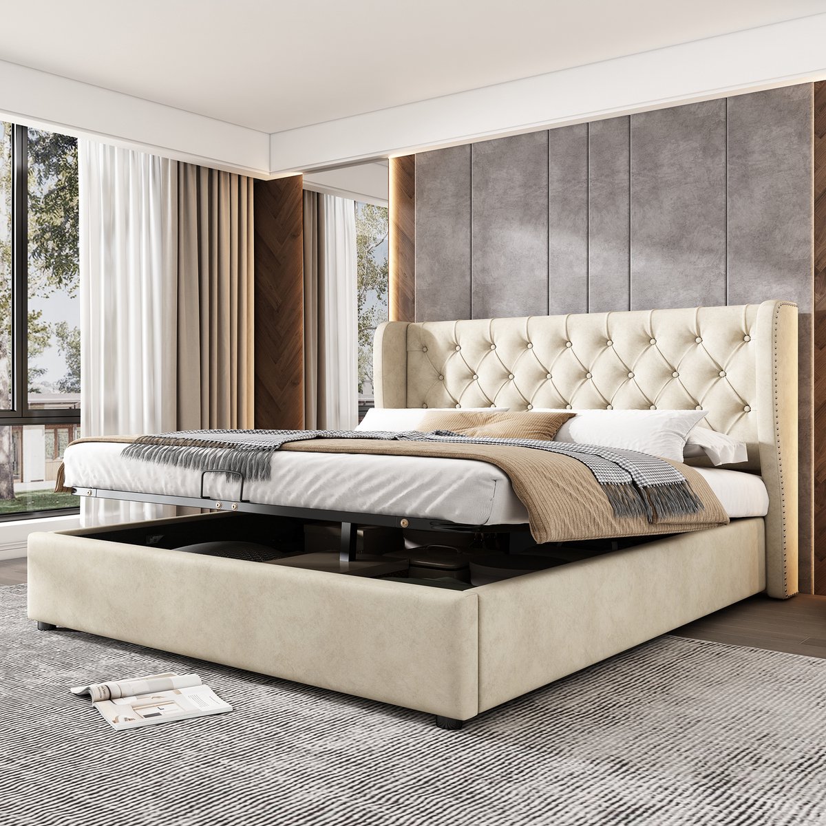 Singularity Gestoffeerd tweepersoonsbed 180 x 200- met opbergruimte- bedbodem bekleed met vuilafstotende zwarte fleecestof- beige- zonder matras