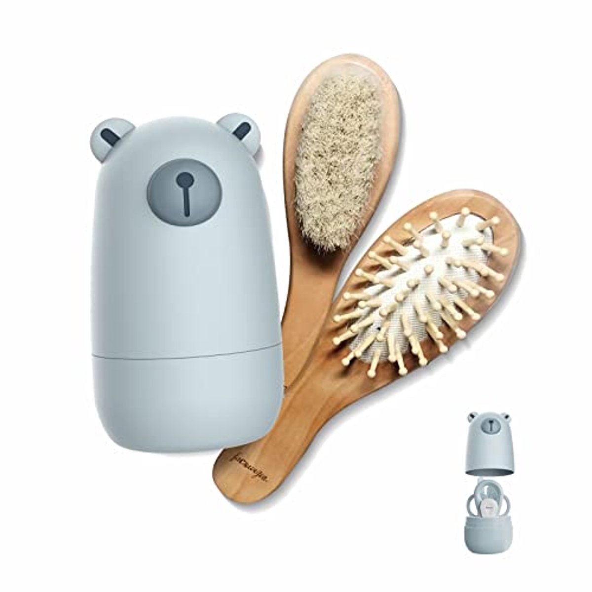 Image of 6-in-1 Verzorgingsset voor Baby's - Houten Haarkam en Borstel, Nagelschaartje, Nagelvijl en Pincet in Schattige Cadeaubox
