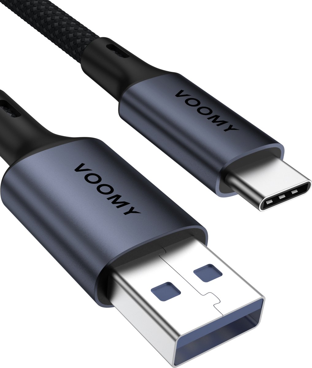 Voomy USB C Kabel - 2 Meter - USB-A naar USB-C Oplaadkabel - Fast Charge USB 3.0 - 5Gbps - Gevlochten Nylon - Space Grey