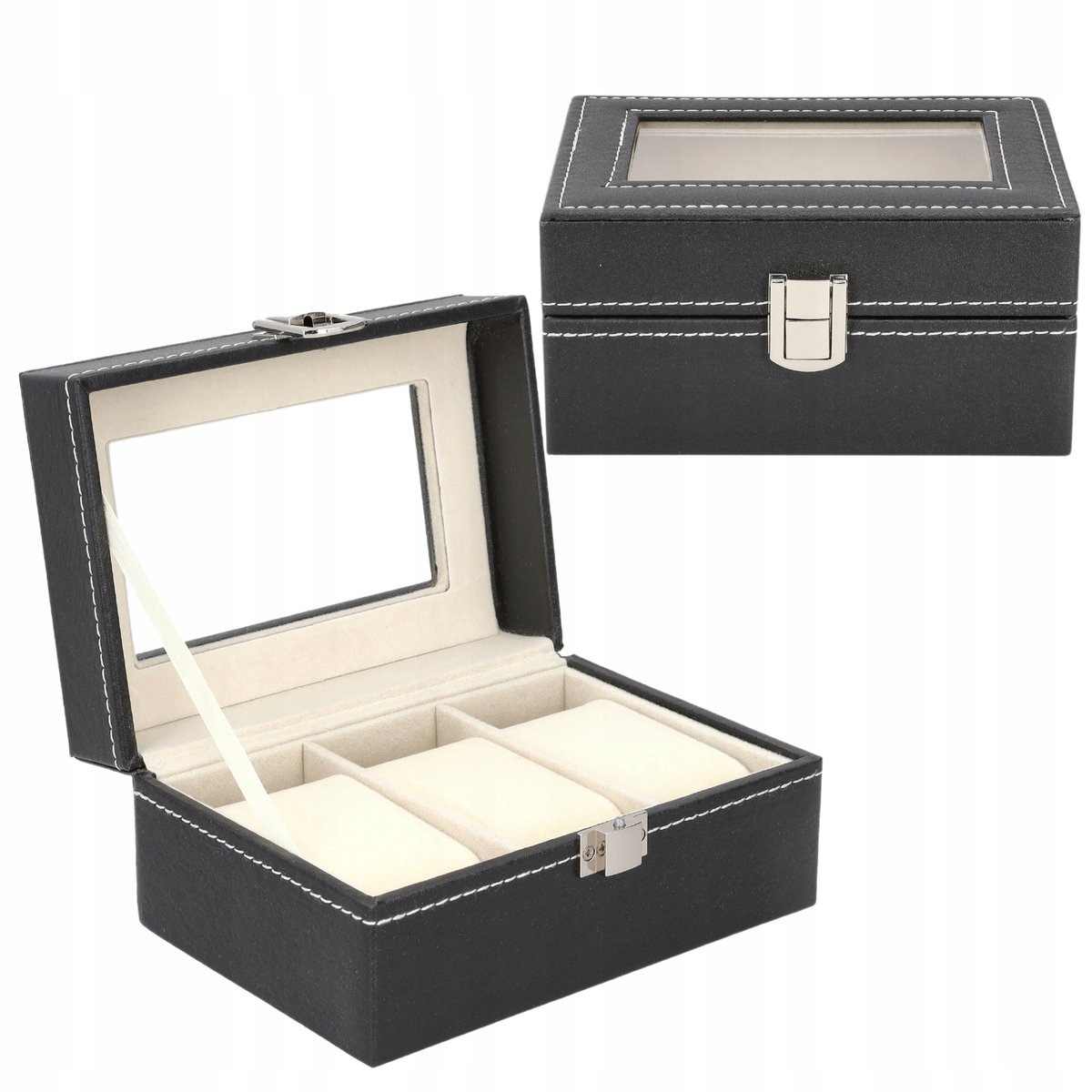 Elegante Horlogedoos voor 3 Horloges - Zwart Kunstleer met Glazen Deksel