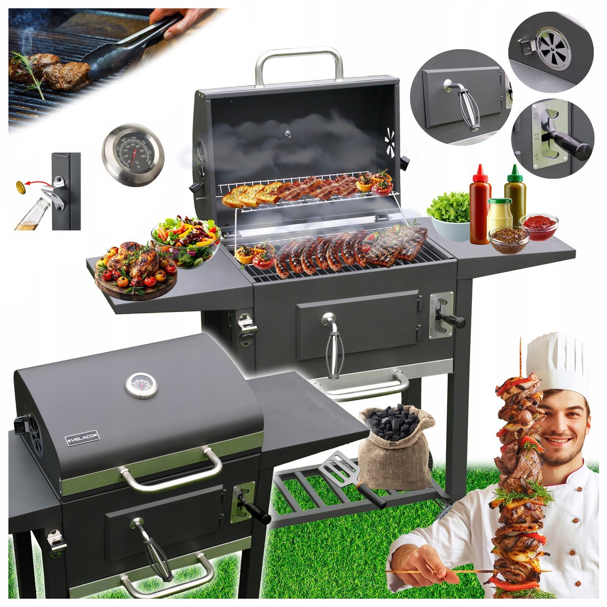 VELACO Koolgrill met Deksel, Thermometer & Wielen - Grijs