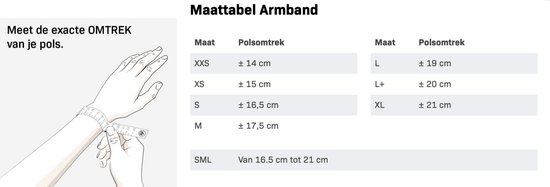 Maattabel voor Rebel & Rose armbanden met illustratie van polsomtrek meten.