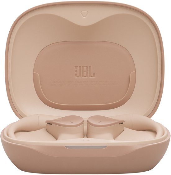 Open beige JBL oplaadcase met oordopjes en JBL logo.