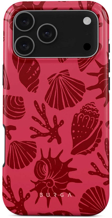 Roze telefoonhoes met een patroon van donkerrode schelpen en koraal. Het BURGA-logo is zichtbaar.