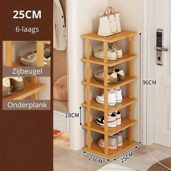Étagère à chaussures - 6 niveaux - Longueur 25 cm - Matériau Bamboe - Chaussures pour femmes - Espace de rangement - Ranger - Étagère - 6-25