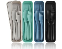 4x Draagbaar Reisbestek Set – Vork, Lepel & Mes in Etui, PP Kunststof, Herbruikbaar & Vaatwasbestendig, Compact voor Camping, Picknick & Schoollunch