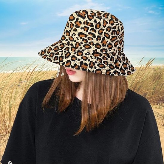 VJUYSW Vissershoed met luipaardpatroon, omkeerbare vissershoed, zomerzonnehoed, voor mannen en vrouwen, vakantie, wandelen, kamperen, winkelen, beige-2