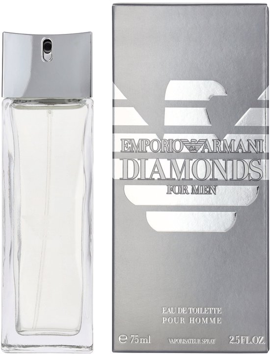 Armani Emporio Diamonds for Men Eau de Toilette 75ml parfumfles met zilverkleurige doos.