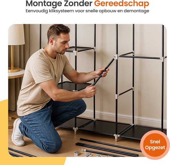 Goliving Opvouwbare Kledingkast - Garderobekast - 175 x 150 x 45 cm - Kleerkast - Stoffen Vouwkast - Campingkast - Zwart