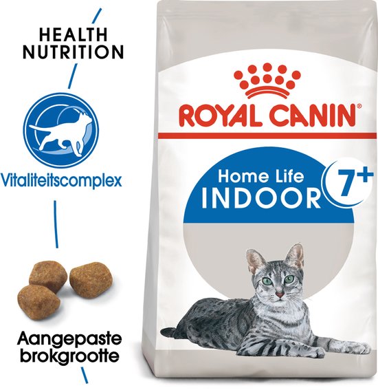 Zak Royal Canin Home Life Indoor 7+ kattenvoer met icoon voor vitaliteit en drie brokjes.