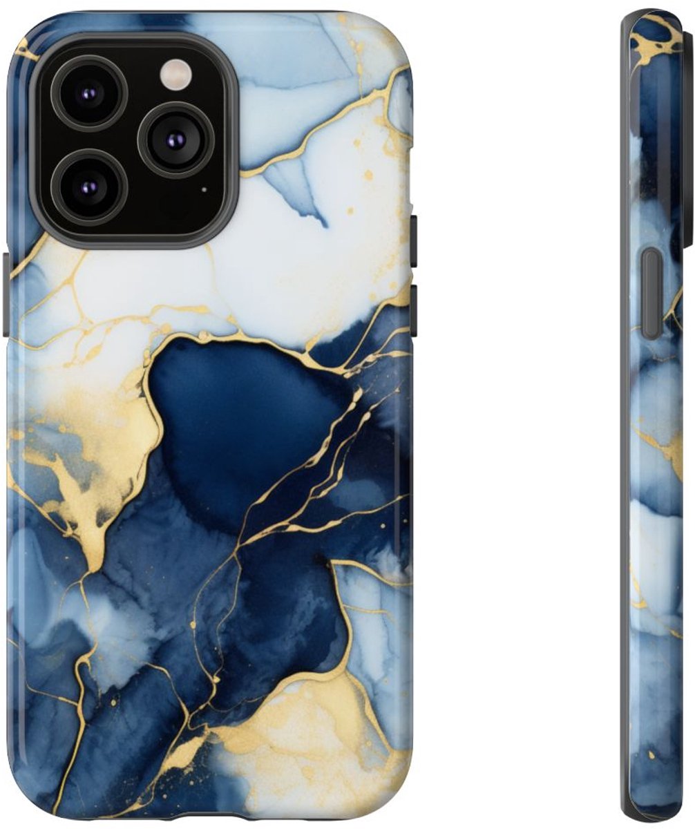 Diepblauw en Goud Abstract Inktpatroon – Telefoonhoesje Geschikt voor iPhone 14 Pro Max