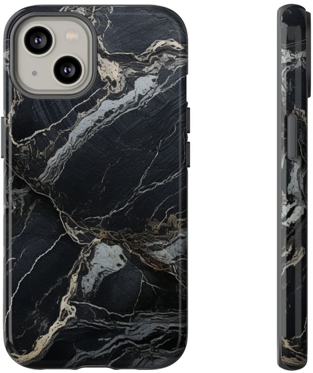 Zwarte Marmerstructuur met Witte Adering – Telefoonhoesje Geschikt voor iPhone 14