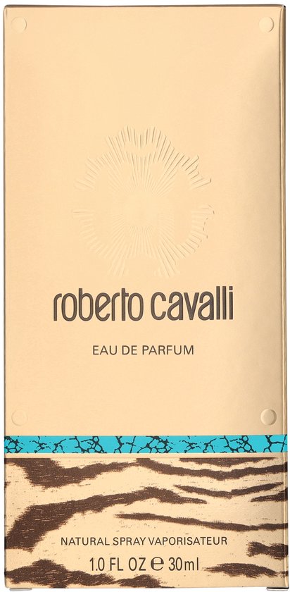 Gouden doos voor Roberto Cavalli Eau de Parfum met tijgerprint en turkoois accent.