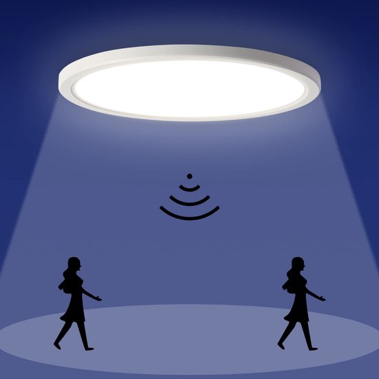 Witte ronde plafondlamp met bewegingssensor die twee silhouetten van mensen detecteert.