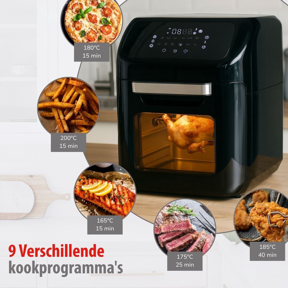 Afbeelding 3 van alpina Airfryer Oven XXXL - Heteluchtfriteuse 12L - Air Fyer 8 Personen en Meer - Heteluchtoven met Digitaal Display - Incl. Accessoires - Rotisserie Spit en Spitvork