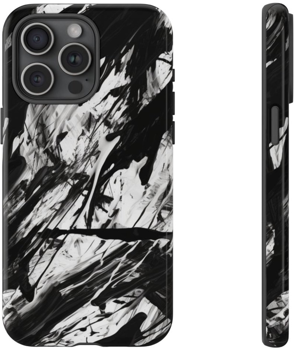 Zwart-Witte Abstracte Penseelstreken – Telefoonhoesje Geschikt voor iPhone 15 Pro Max