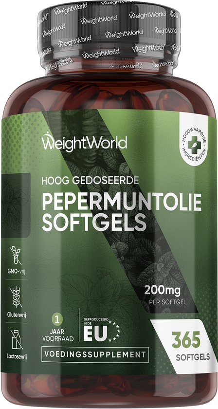 Fles WeightWorld hoog gedoseerde pepermuntolie softgels. Label toont: GMO-vrij, glutenvrij, 1 jaar voorraad, EU geproduceerd, 200mg per softgel, 365 softgels.