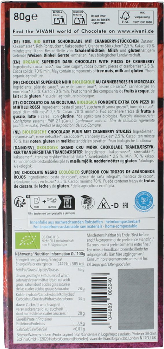 Vivani Superior dark cranberry 70% Santo Domingo bio 80 Gram