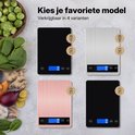 Balance de cuisine numérique en noir, argent et or rose, avec indicateur de charge USB.