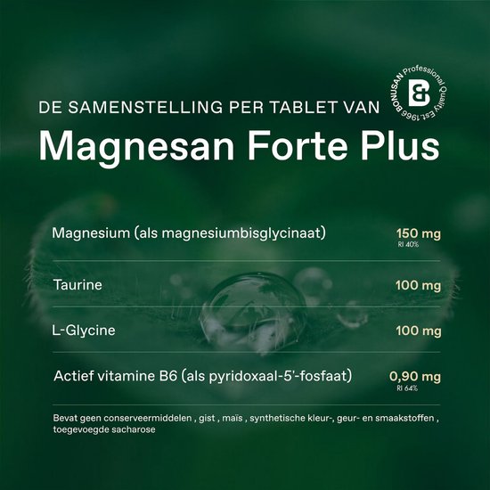 Flesje Magnesan Forte Plus met opsomming per tablet. "De samenstelling per tablet van Magnesan Forte Plus".
