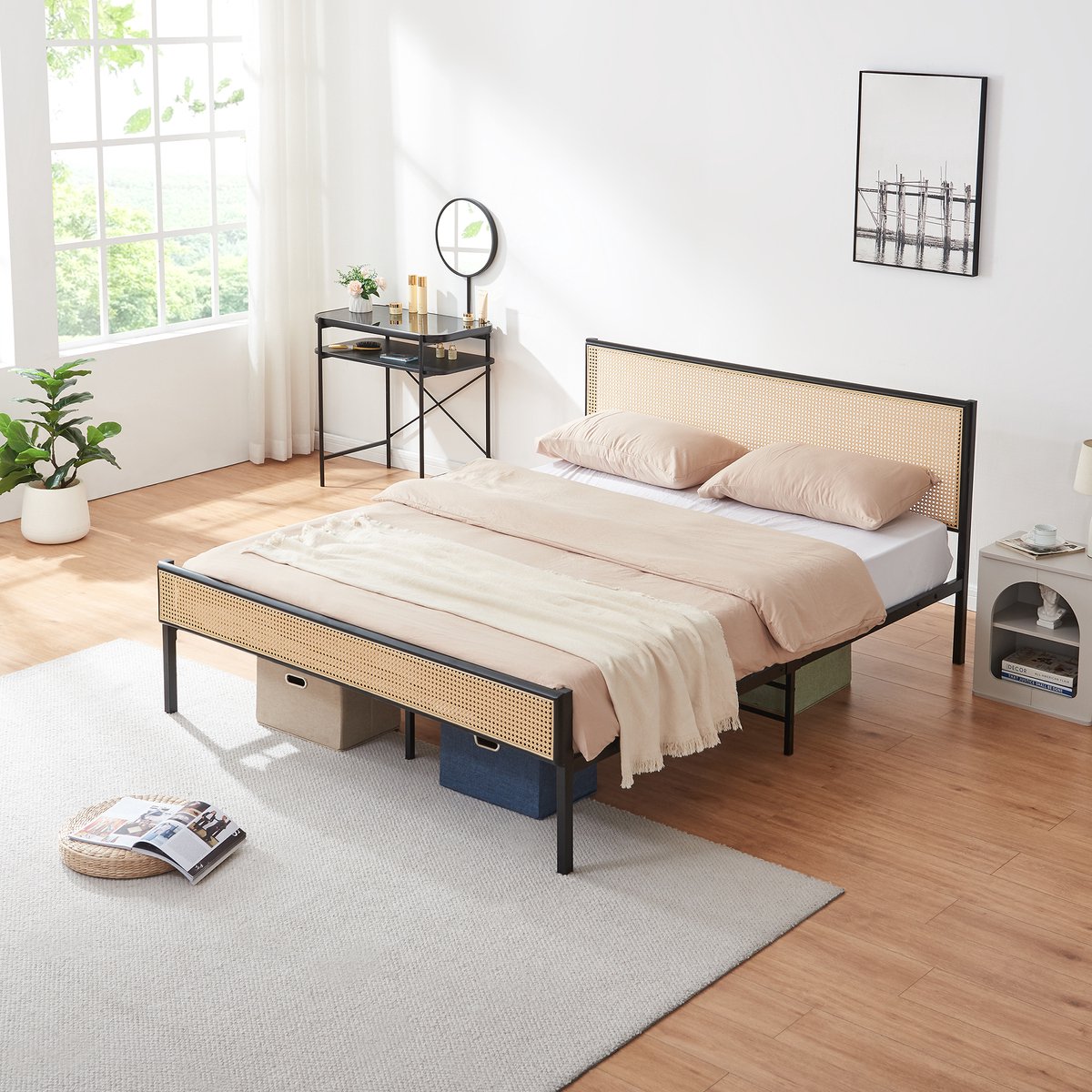 en.casa Metalen bed met matras Linköping 200x160x16 cm zwart en rotan look [en.casa]