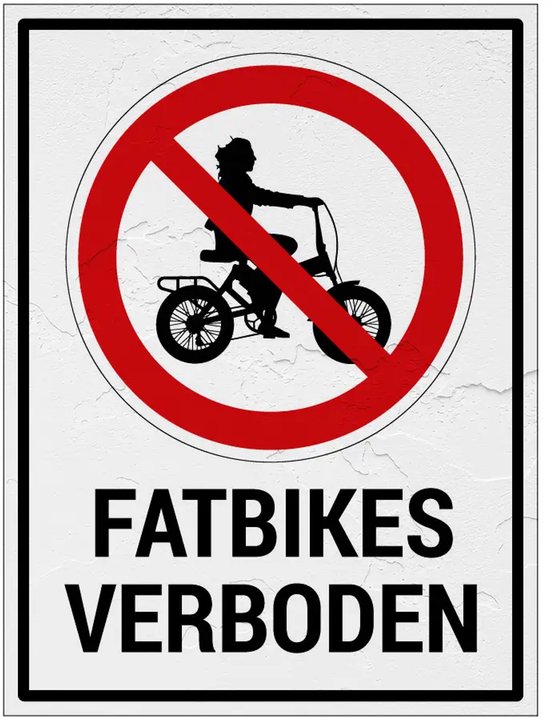 Fatbikes verboden bord rechthoekig met pictogram en tekst, weerbestendig, circulair 28×21 cm