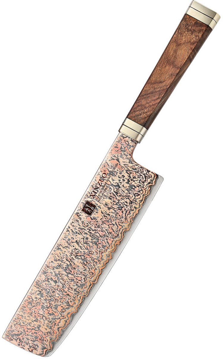 Xinzuo - Professioneel Nakiri groentemes van Koper Damascus staal - 52 lagen rondom harde 12Cr18MoV kern - Handvat van Padauk Burl hout - X08C Retro Series