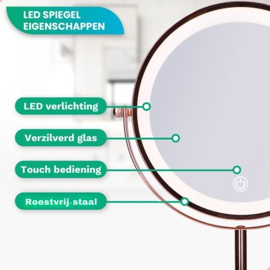 Rosegouden spiegel met LED-verlichting, verzilverd glas, touch bediening en roestvrij staal.