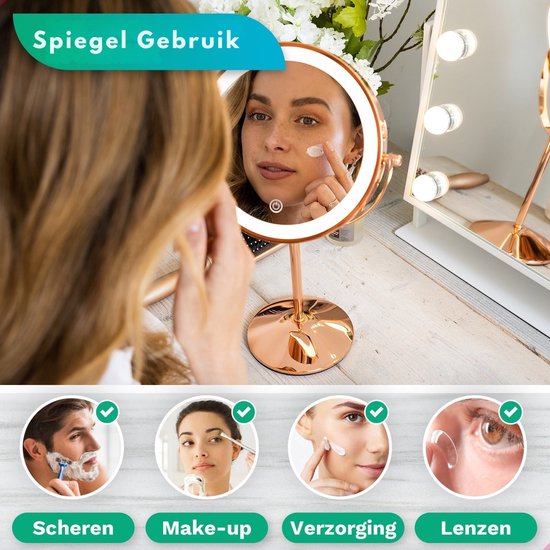 Rosegouden make-upspiegel met LED-verlichting. Ideaal voor scheren, make-up, verzorging en lenzen.